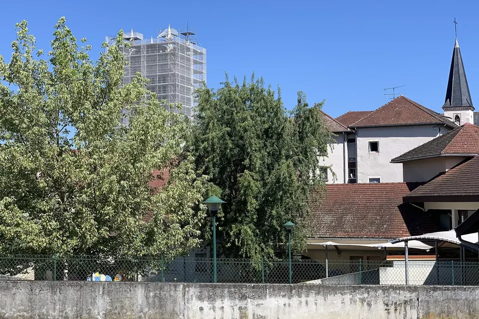 Arbres et toits de maisons au premier plan, et une tour de cathédrale entièrement prise dans un échafaudage