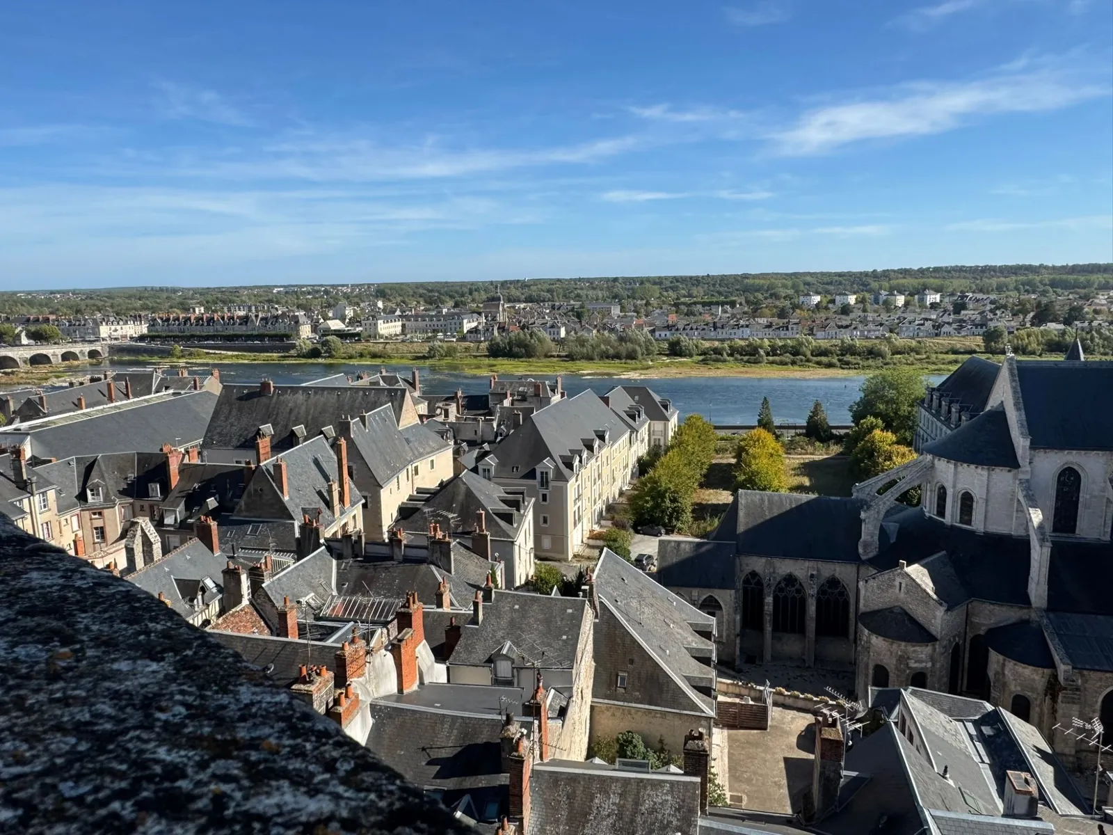 Toits d'ardoise de la vieille ville de Blois vus d'en haut, avec le chevet gothique d'une église et la Loire au loin