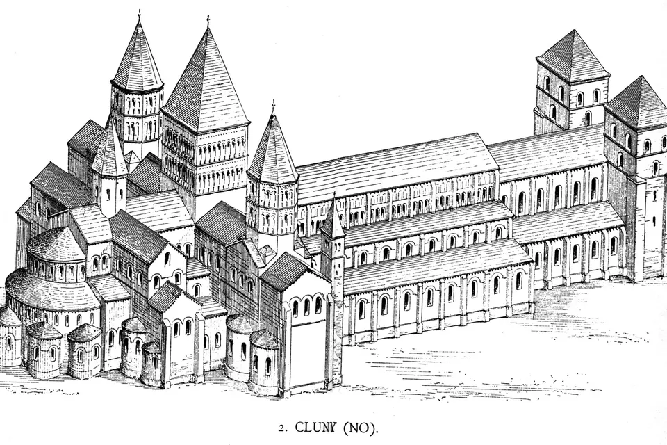 Dessin en perspective d'une immense église romane à plusieurs clochers et bâtiments monastiques